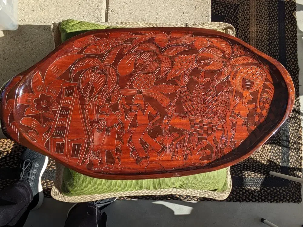 Vtg. Handcarved Wrap Around Serving Tray Island Pineapple Floral Mahogany EUC